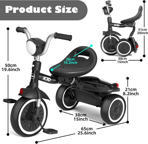 Vista 4 de XJD Triciclo para niños pequeños, bicicleta plegable con pedales, triciclo para niños de 2 a 5 años, asiento cómodo ajustable, regalos de Navidad