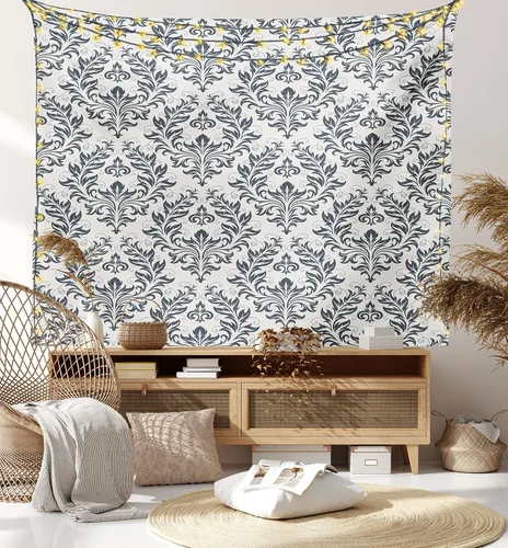 Vista 7 de Ambesonne Tapiz victoriano, adorno floral de damasco florece silueta clásica, arte simbólico, colgante de pared ancho para dormitorio, sala