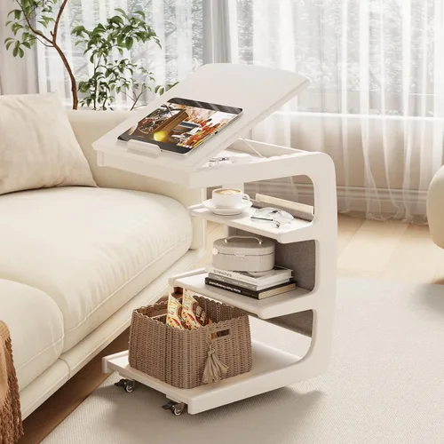 Vista 13 de AQIMUELE Mesa auxiliar de madera en forma de C, escritorio de sofá con 2 ruedas con cerradura, mesa de sofá de 4 niveles con bolsa de Natural