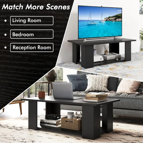 Vista 8 de Tangkula Mesa auxiliar de 2 niveles, moderna mesa de cóctel rectangular con 5 patas de soporte, muebles de sala de estar con acento de madera, mesa