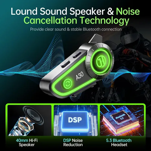 Vista 2 de Auriculares Bluetooth para Motocicleta con Cancelación de Ruido, Casco Bluetooth con Bluetooth 5.3 Integrado y Adecuado para la Mayoría de Cascos
