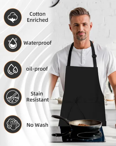 Vista 3 de Hugitout Delantal de chef unisex con correas ajustables y dos bolsillos para uniforme de trabajo, delantal impermeable
