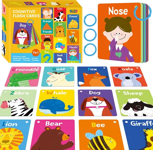 Vista 23 de 110 PCS Tarjetas de Aprendizaje Temprano, Tarjetas de Doble Cara - Alfabeto, Números, Alimentos, Animales, Formas, Colores, Objetos del Hogar con 4