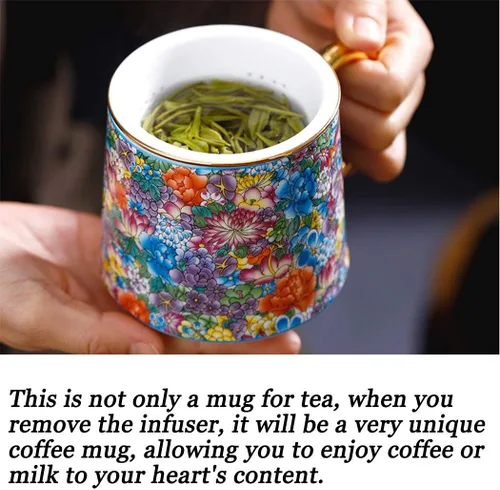 Vista 6 de Taza de té de porcelana con infusor – Taza de té de cerámica china Jingdezhen Sistema de preparación de té de hojas sueltas para oficina en casa