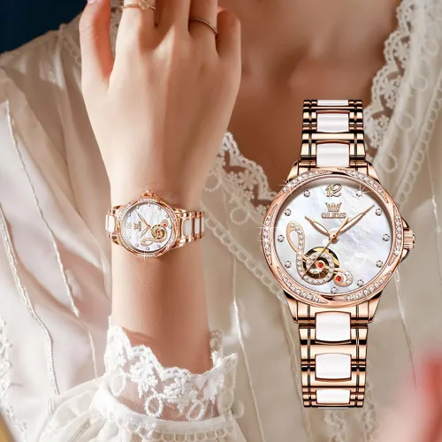Vista 4 de OLEVS Relojes para mujer, de cuerda automática, oro rosa, diamante, reloj de pulsera mecánico automático, acero inoxidable, dos tonos, pulsera