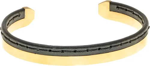 Vista 4 de Metro Jewelry Brazalete abierto de acero inoxidable dorado y cuero genuino cosido para hombre, 0.394 in, 8.5 pulgadas de largo, Metal, No es una