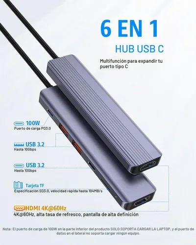 Vista 3 de FORIDA Hub USB C 6 en 1 de 10 Gbps, adaptador HDMI multipuerto para MacBook 4K a 60Hz a USB C 3.2, puertos USB-3.2 de 3 puertos, 100 W PD, lector