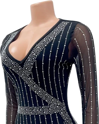 Vista 5 de Uni Clau Vestido sexy con tirantes delgados y diamantes de imitación para mujer, vestido de malla transparente para fiesta, club, salida nocturna