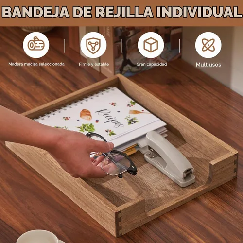 Vista 2 de Kirigen Bandeja de madera tamaño carta de un solo nivel (TP-DBR), colección de tonos de madera, bandeja de documentos de carga frontal para Marrón