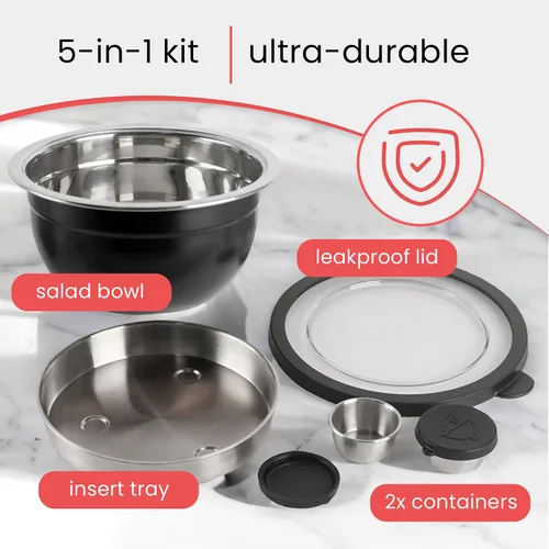 Vista 2 de Kit de Ensaladera de Acero Inoxidable de 64 oz y Juego de Cubiertos de Bambú de 3 Piezas con 2 Recipientes para Condimentos, Bandeja Insertable