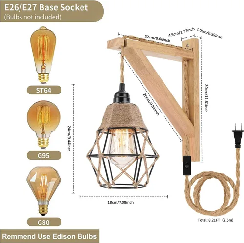 Vista 4 de Frideko - Juego de dos apliques de pared de madera enchufables, lámpara de pared rústica con cable de enchufe, accesorios de luz de pared