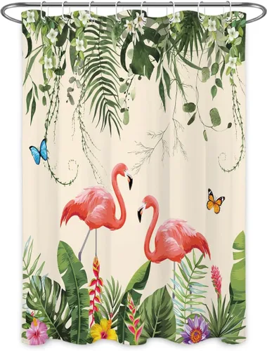 Vista 2 de EOBTAIN Cortina de ducha de hojas de plantas tropicales para baño, flamenco rosa y mariposa azul con hojas de palma en beige, cortina de ducha con 8