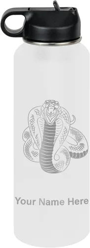 Vista 56 de LaserGram Botella de agua personalizada, serpiente de cobra, acero inoxidable de doble pared aislada al vacío con popote superior, regalo grabado