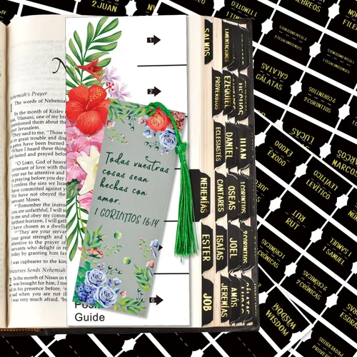 Vista 11 de Pestañas de índice de la Biblia católica española, pestañas del Nuevo y Antiguo Testamento, diseño floral laminado mate, suministros de diario