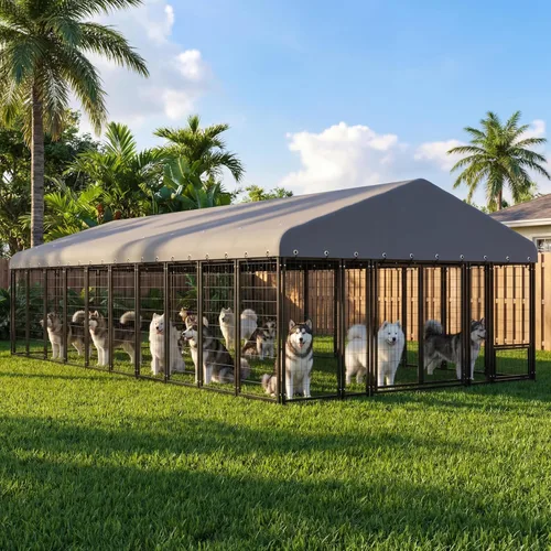 Vista 2 de Perrera grande para perros de 10 x 20 pies, resistente al aire libre con alimentación, jaula duradera para perros con techo y doble cerradura, 120.6