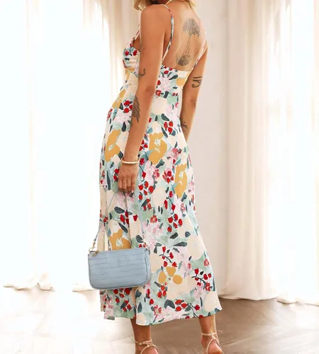 Vista 3 de Vestido floral de verano con cuello en V para mujer, vestidos casuales con estampado sexy, bohemio, vestido de playa hawaiano para mujer