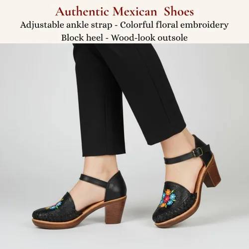 Vista 5 de Zapatos de cuero mexicano con flores bordadas, con tacones para mujer - Modelo 102BL Negro
