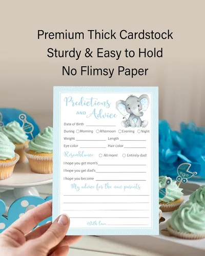 Vista 3 de Blue Elephant - Tarjetas de predicción y consejos – Paquete de 25 – Juegos de baby shower para niños, nuevos padres, mamá y papá futuros, mensaje