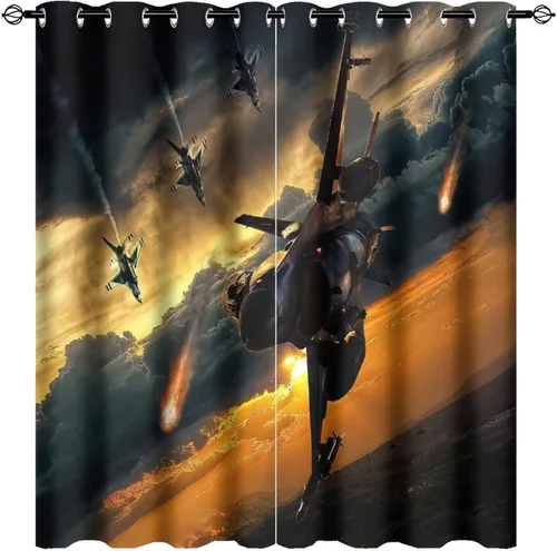 Vista 13 de Cortinas opacas con diseño de avión para dormitorio, hermoso estampado de combatientes de puesta de sol, con ojales, aislamiento térmico, cortinas
