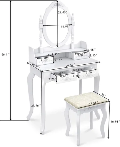 Vista 9 de Juego de tocador con 4 cajones de rotación de 360 grados extraíble, mesa de maquillaje con taburete, escritorio de tocador para dormitorio