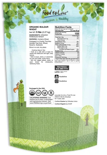 Vista 2 de Trigo Bulgur orgánico, 5 libras – Grano entero sin OMG, granos cocidos, bayas kosher Borghul, semillas a granel, grueso, alto en fibra dietética