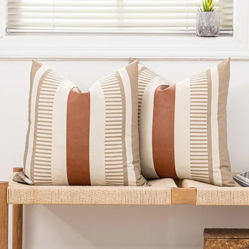 Vista 21 de Juego de 2 fundas de almohada bohemias a rayas de 16 x 16 pulgadas, fundas de almohada de cuero modernas para sofá, cama, decoración de granja