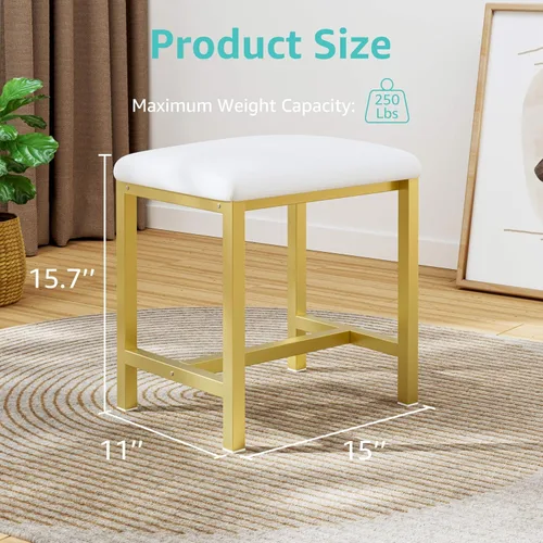 Vista 2 de Pequeño Taburete de Tocador, Lindos Taburetes de Tocador con Cojín, Silla de Tocador Blanca y Dorada para Espacios Pequeños, Sala de Estar, Oro