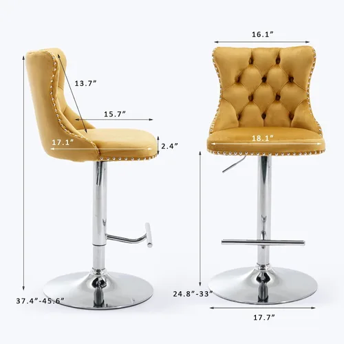 Vista 105 de SoarFlash Juego de 2 taburetes de bar tapizados de terciopelo moderno con patas de madera, botones acolchados, cabeza de clavo cromada, asiento