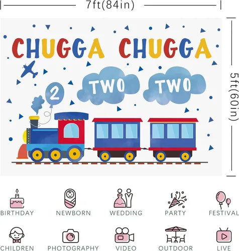 Vista 6 de Telón de fondo de feliz segundo cumpleaños de 7 x 5 pies, tren azul y rojo para niño, Chugga Chugga, dos dos nubes, plano de fotografía, fondo