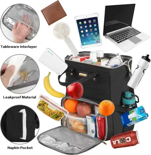 Vista 2 de Mochila Bolsa de Almuerzo, Mochila Refrigeradora Aislada Caja de Almuerzo Mochila para Laptop con Puerto USB para Mujeres y Hombres, Negro, Mochilas