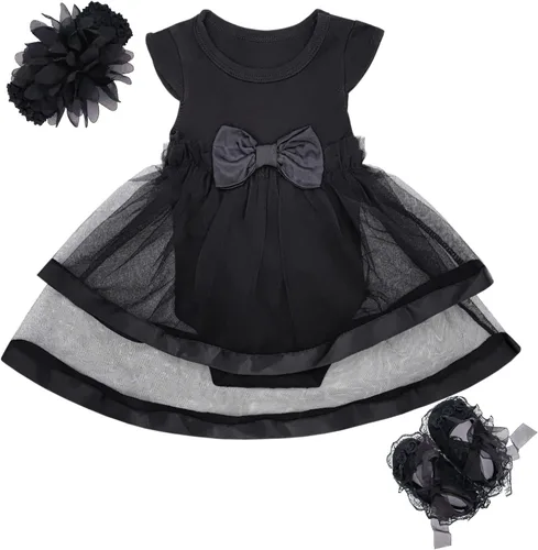 Vista 6 de Niyage Conjunto de ropa para bebé niña con flores, enterito con tutú, bodysuit para fiesta Vestido floral-negro