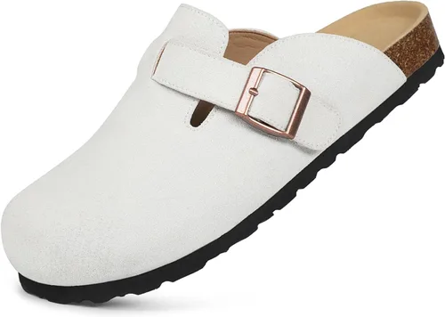 Vista 15 de Dumalum - Zuecos de ante para mujer y hombre - Sandalias ajustables con hebilla, plantilla de corcho, suelas antideslizantes - Zapatillas unisex