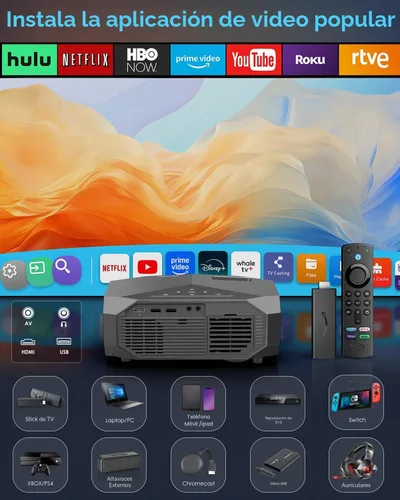 Vista 8 de Proyector con WiFi y Bluetooth, proyector de película portátil para exteriores Native 1080P, zoom del 50% al 100%, pantalla de 400 pulgadas