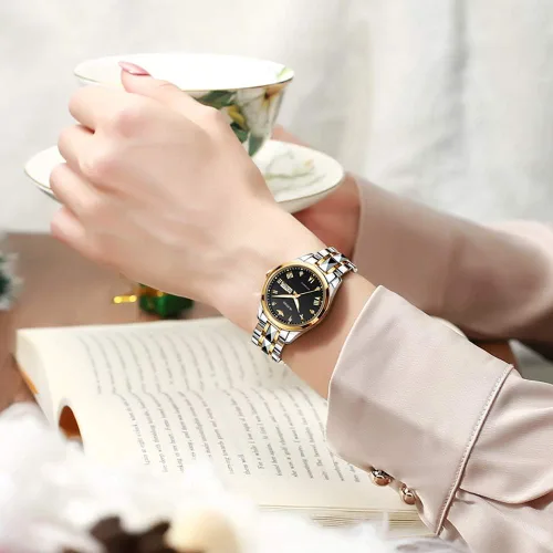 Vista 5 de OLEVS Reloj de pulsera mecánico de cuerda automática para mujer, de marca suiza, vestido de cristal de zafiro, impermeable, para mujer