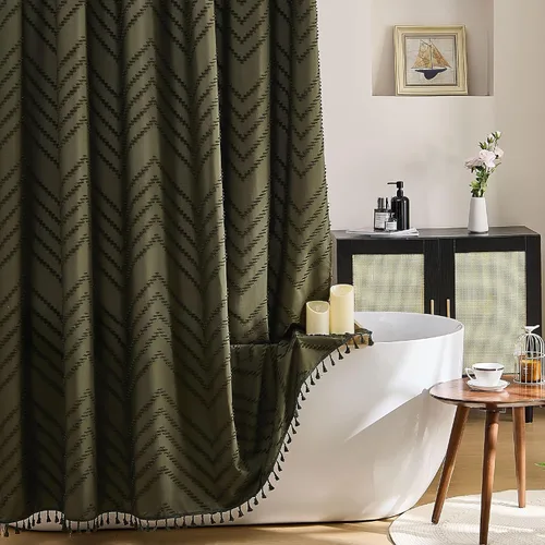 Vista 73 de Cortina de ducha Siiluminisoy de 36x72 beige, cortina de ducha de tela de tamaño pequeño, cortinas de ducha de tela con tufting, diseño chevron a