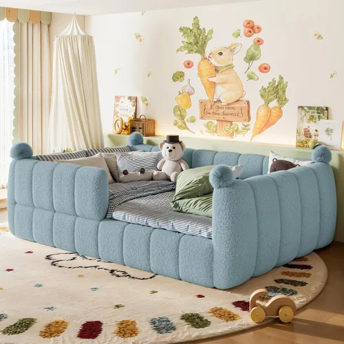 Vista 17 de Cama de suelo tapizada con valla, cama de piso tamaño individual con Beige