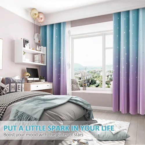 Vista 6 de Stiio Cortinas con Recortes de Estrella para Dormitorio de Niñas, 2 Paneles, Cortinas Opacas 2 en 1 que Bloquean la Luz con Cortinas de Ventana