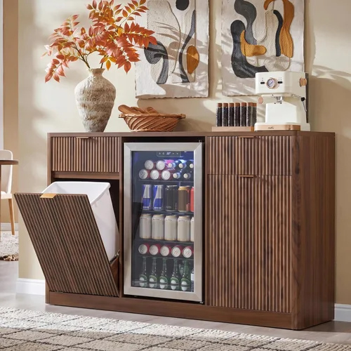 Vista 10 de RUNNA Barra de café de 59" con espacio para refrigerador y estación de carga (Natural#12)