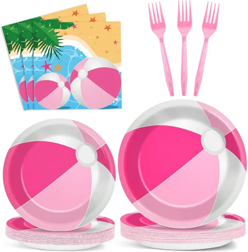 Vista 32 de 96 piezas de suministros de fiesta de pelota de playa, juego de vajilla, pelota de piscina de verano, platos y servilletas de fiesta de cumpleaños