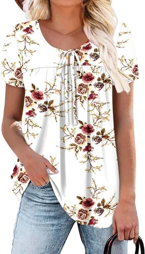Vista 37 de BETTE BOUTIK Blusas de verano para mujer, plisadas, de manga corta, con cordón, cuello redondo, tallas S-3XL