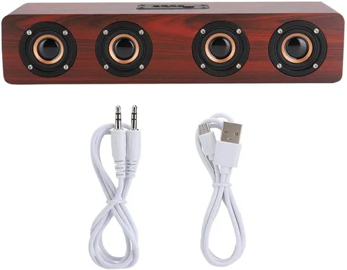 Vista 7 de Altavoz Bluetooth de madera, sonido de altavoz de computadora de TV de 12 W con soporte de subwoofer de 4 graves Bluetooth, AUX, tarjeta TF, FM (# 1)
