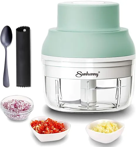 Vista 8 de Picadora eléctrica de ajos, trituradora de ajo eléctrica, procesador de alimentos pequeño con pelador de ajo y cuchara, 3.4 fl oz, gris
