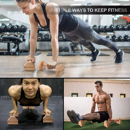 Vista 7 de Soporte de flexión, 2 barras de madera para flexiones, base antideslizante, equipo de entrenamiento en casa, 11.8 pulgadas, mango de paraletas