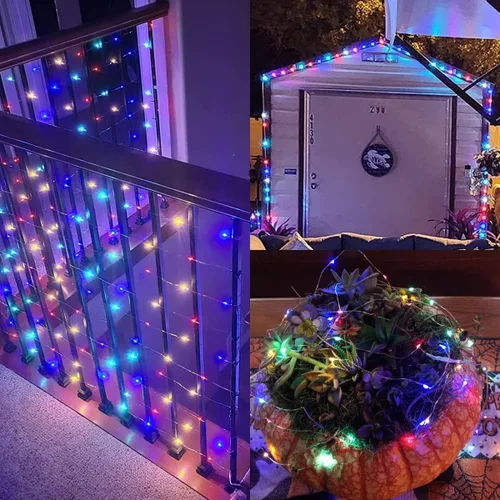 Vista 6 de QITONG Luces solares de Navidad multicolor para exteriores, paquete de 2 unidades de 200 luces LED solares de 66 pies cada uno, alambre plateado