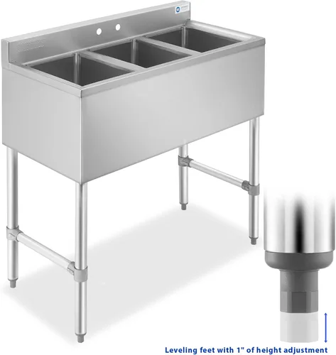 Vista 2 de Fregadero bajo comercial de acero inoxidable de 3 compartimentos NSF Gridmann