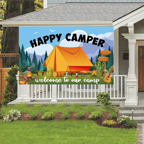 Vista 2 de Cartel de fondo de Happy Camper con 70.8 x 43.3 pulgadas, tela de poliéster grande para campamento, suministros de fotografía de fondo