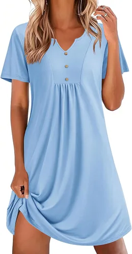 Vista 13 de Ekouaer Camisones para mujer de algodón Vestidos de noche Plisados Camisones Henley Cuello en V Camisas de dormir de manga corta Ropa de dormir