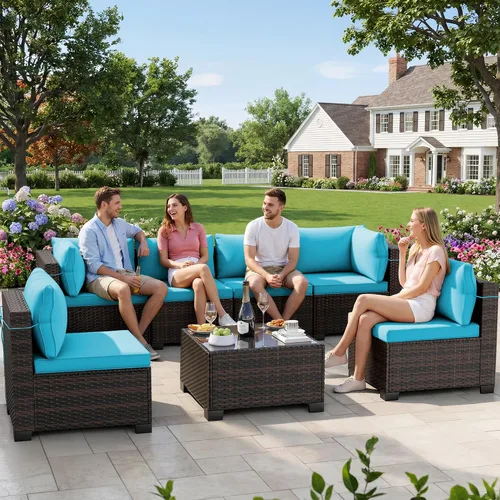 Vista 16 de LEVELEVE Juego de 7 muebles de patio al aire libre, juego seccional de conversación de ratán, sofá de mimbre de tejido manual con mesa de té Marrón
