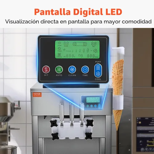 Vista 6 de Máquina comercial de helados VEVOR, máquina de helado de servicio suave de 21 QT/H con panel LCD, limpieza automática, pre-enfriamiento para 3