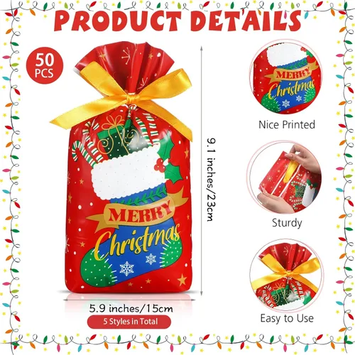 Vista 2 de Funrous 50 bolsas de Navidad con cordón, bolsas de regalo de plástico con cordón para Navidad, bolsas de dulces de Navidad para fiesta